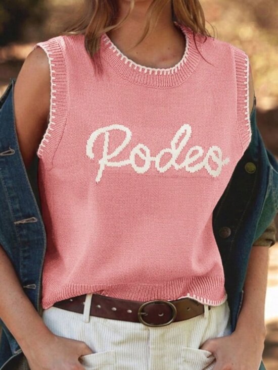 Sweaters - Pink Casual Women's Round Neck Multi Stitch Rodeo Embroidered Sweater Vest